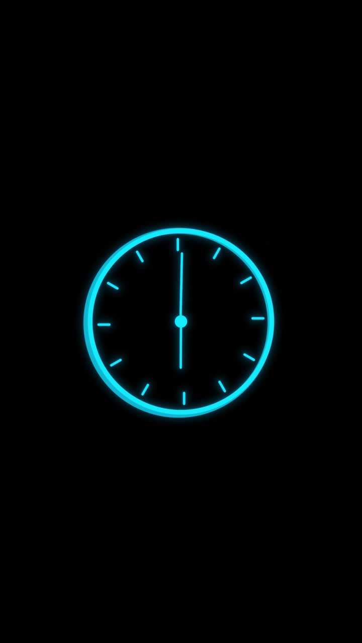 Sfondo icona orologio neon ciano con contorno rotondo luminoso, segni delle lancette semplici e spazio nero minimale