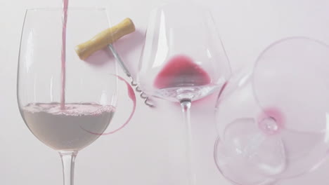 composite of red wine being poured into glasses and corkscrew on white background