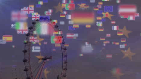 animazione della bandiera dell'ue sventolata sopra le miniature delle bandiere dei paesi dell'ue che galleggiano contro la vista del london eye