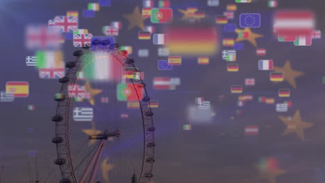 animación de la bandera de la ue ondeando sobre las miniaturas de las banderas de los países de la ue flotando contra la vista del ojo de londres