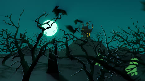 Dark,-autumn-misty-night-with-bright-moon--Silhouette-of-the-spooky,-Halloween-haunted-mansion-on-the-hill,-surrounded-by-mystery,-creepy-forest-with-flying-ghosts-and-evil-monsters.