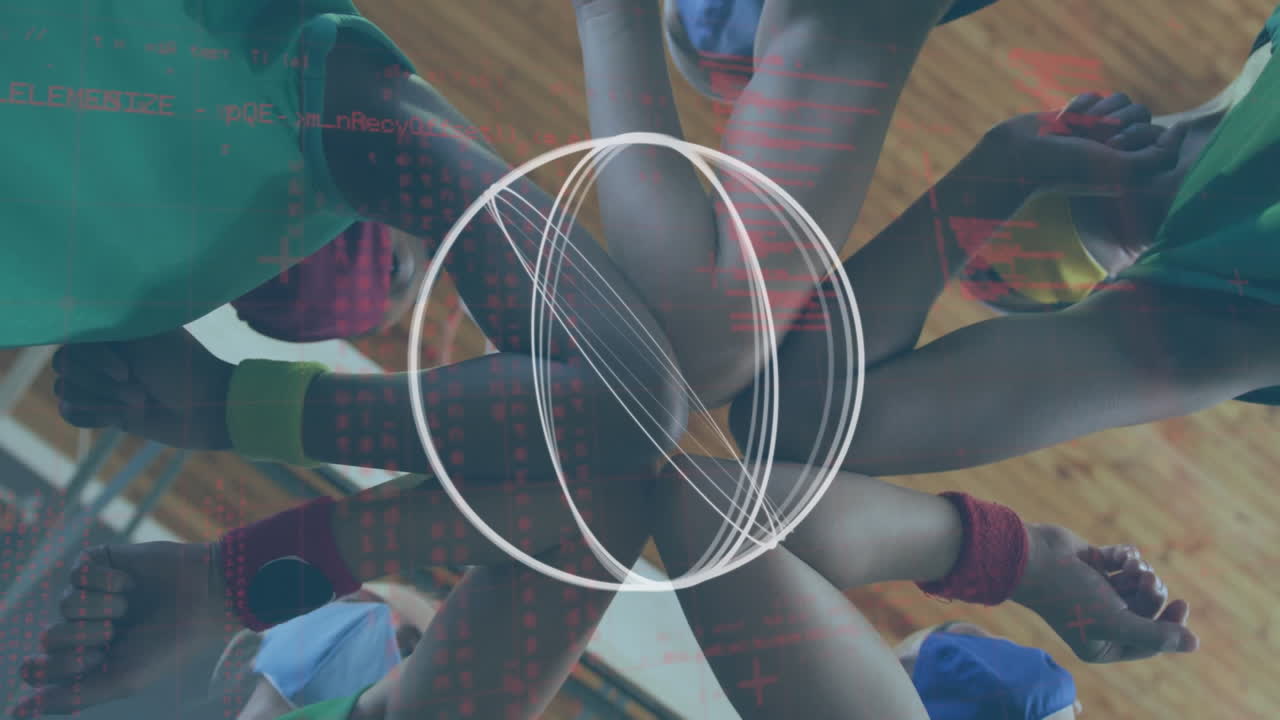 Animation of globe over players in face masks touching elbows