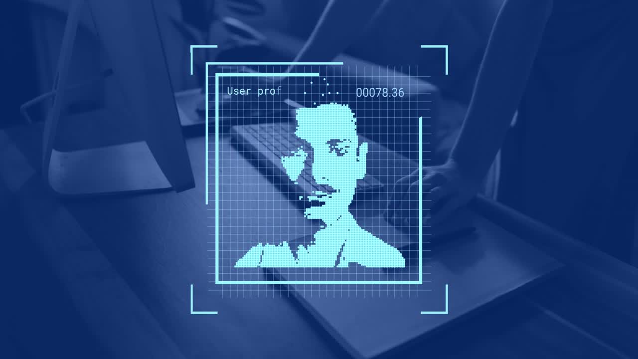 Animazione di foto biometrica e elaborazione dati su una donna che usa un computer