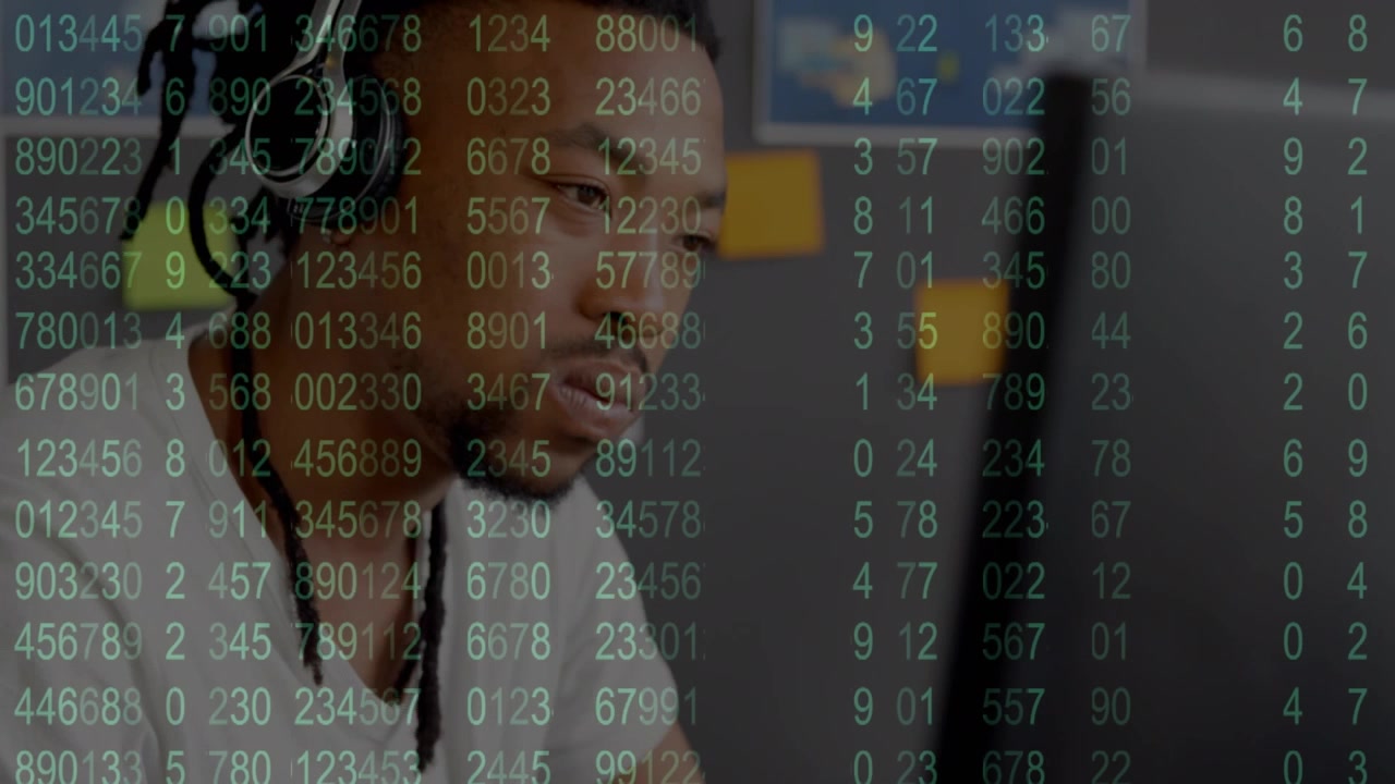 Animation of data processing over african american businessman in office