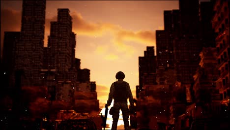 video game animation of a soldier watching a nuclear explosion during war on the combat field, military war zone concept