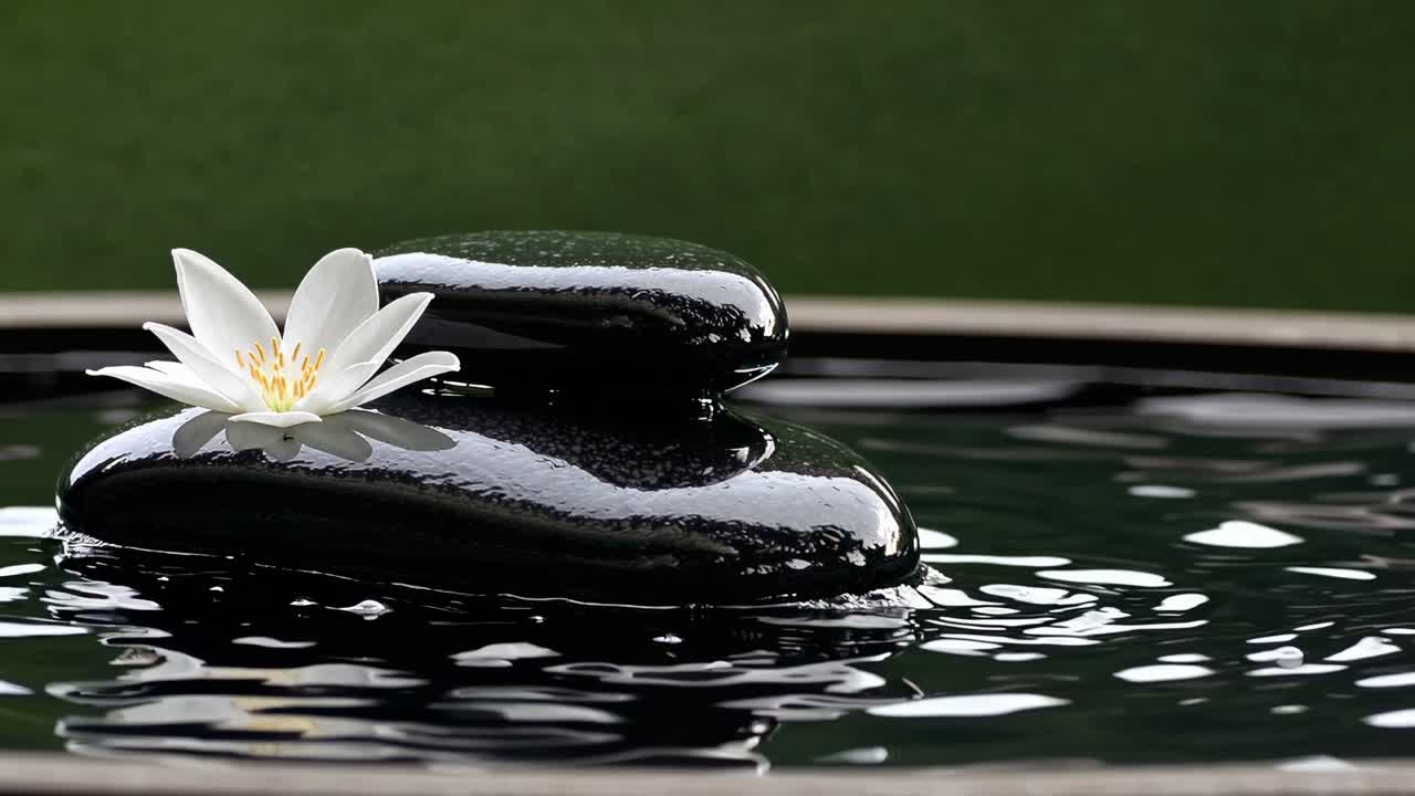 Video in primo piano di una serena scena da spa con un fiore bianco su pietre nere levigate.