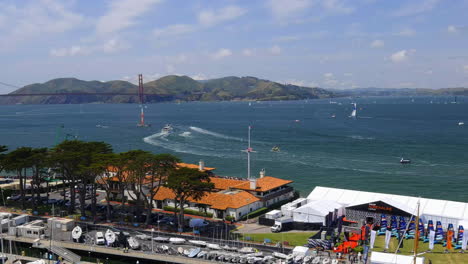 san francisco sailing grand prix aerial view overlooking boats navigating golden gate bridge bay towards marin headlands