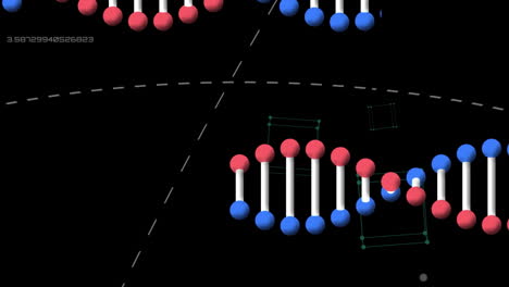검은 바탕에 있는 dna 가닥 위의 데이터 처리의 애니메이션