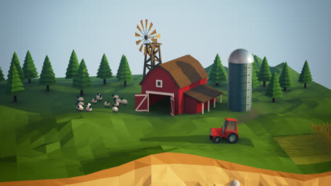 Low-Poly-Animation.-Sonniger-Tag-Im-Dorf.-Ländliche-Landschaft-Mit-Grünen-Bäumen-Und-Kleinem-Bauernhof.-Rote-Scheune,-Silo-Und-Schafherde-Auf-Der-Wiese.-Die-Feldfrüchte-Warten-Auf-Die-Ernte.