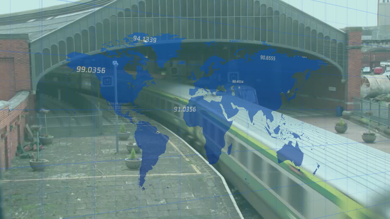 세계 지도의 애니메이션과 기차역에서 데이터 처리