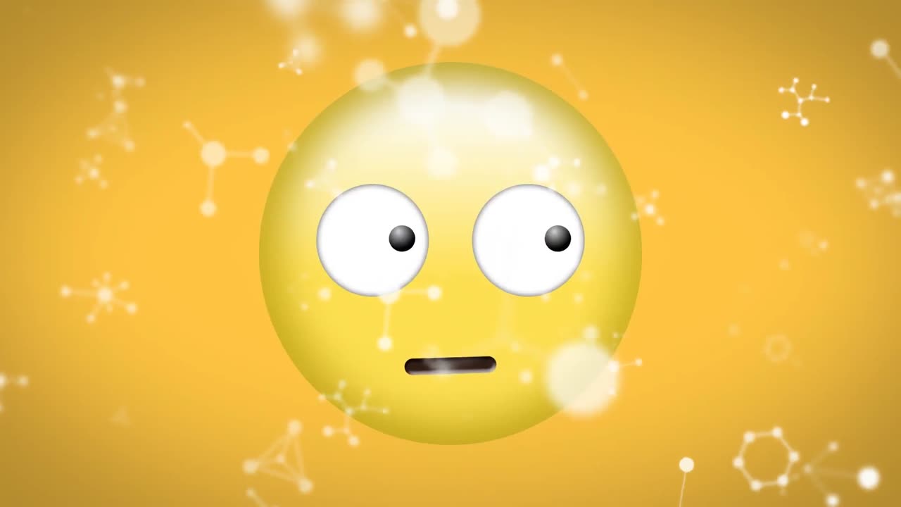 animación digital de estructuras moleculares flotando sobre un emoji de cara confusa en un fondo amarillo