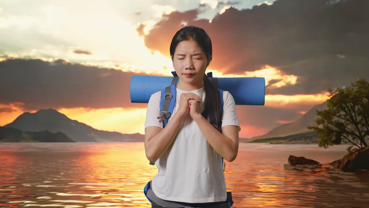 Woman Praying in Nature at Sunrise/Sunset