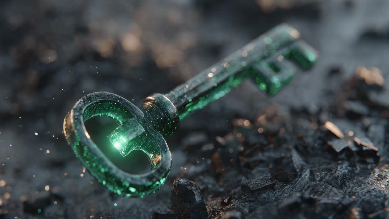 Mysterious green crystal key lying on dark, rocky ground, slowly beginning to glow with an intense, otherworldly light, revealing its magical properties and hinting at a hidden treasure
