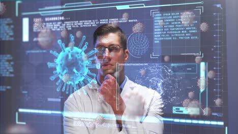 animación del procesamiento de datos sobre células de virus y médico masculino caucásico