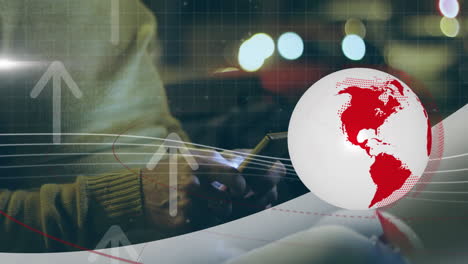 person using smartphone with globe and upward arrows animation overlay