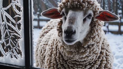 fluffy sheep by the frosted window