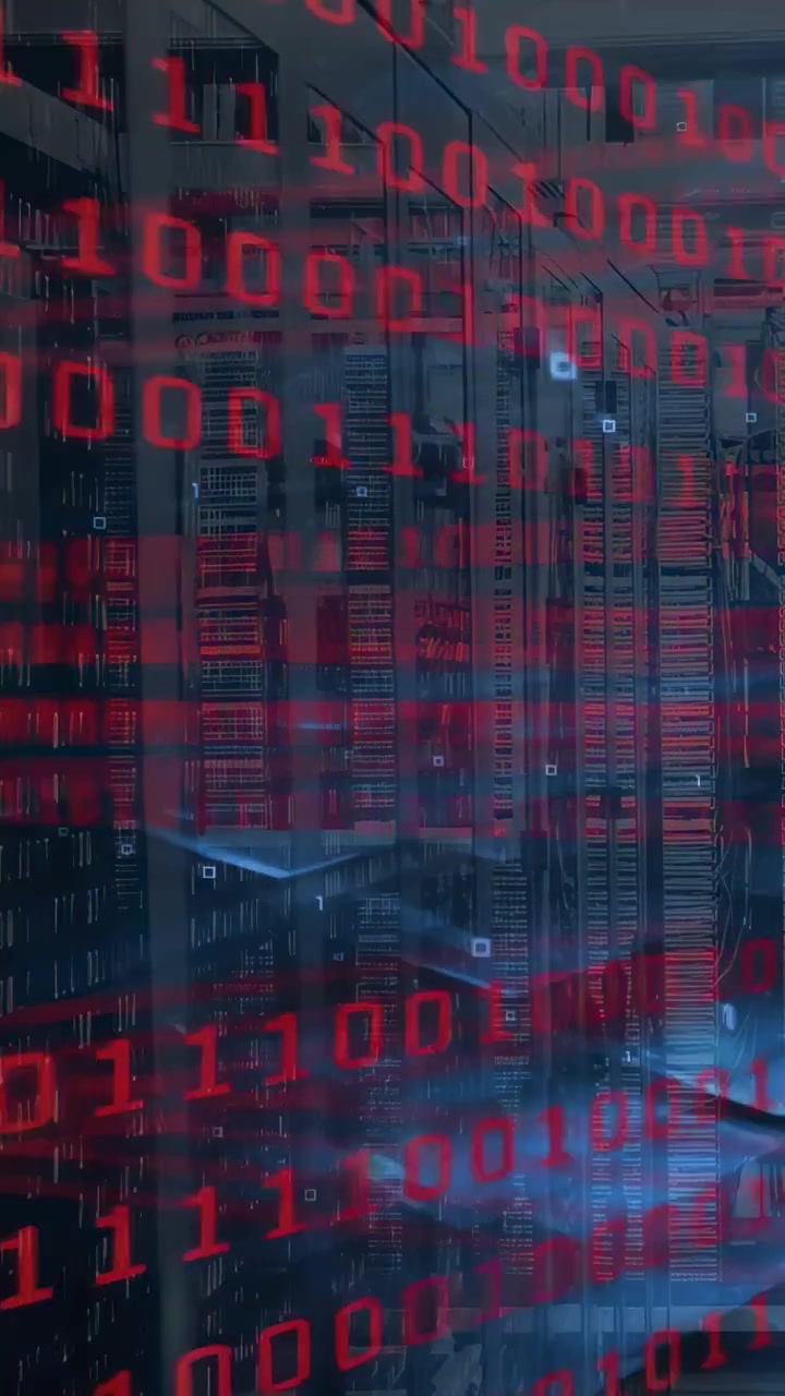Vertical video: Red overlay appearing at start, racks idling, digits scrolling, showing packet flow