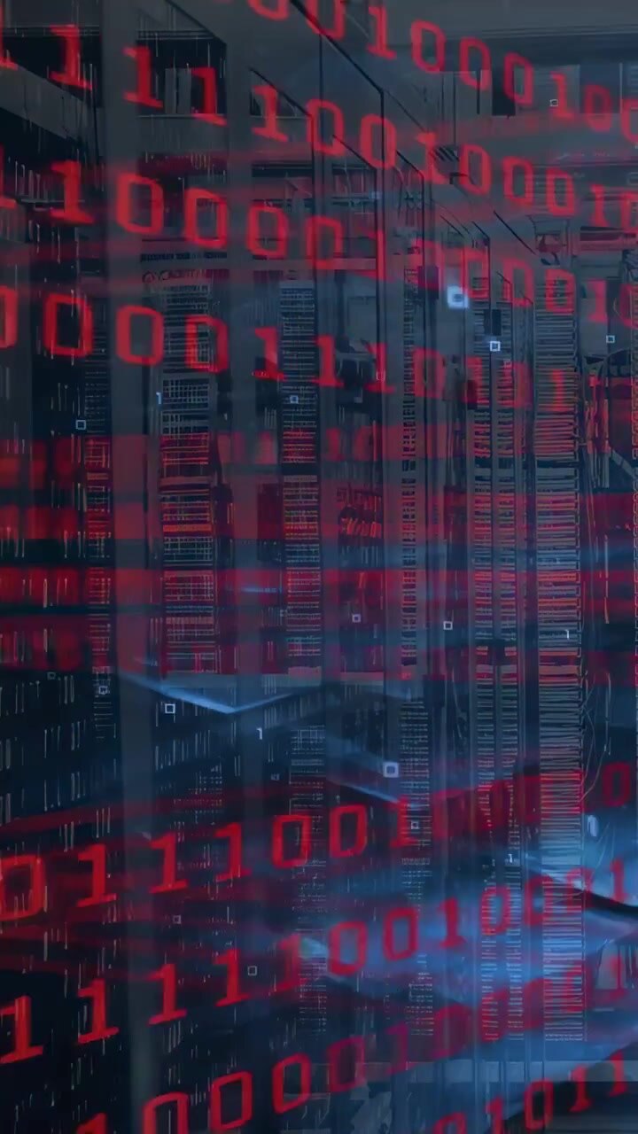 Vertical video: Red overlay appearing at start, racks idling, digits scrolling, showing packet flow