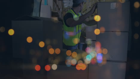 animation of road at night over caucasian male deliverer packing car