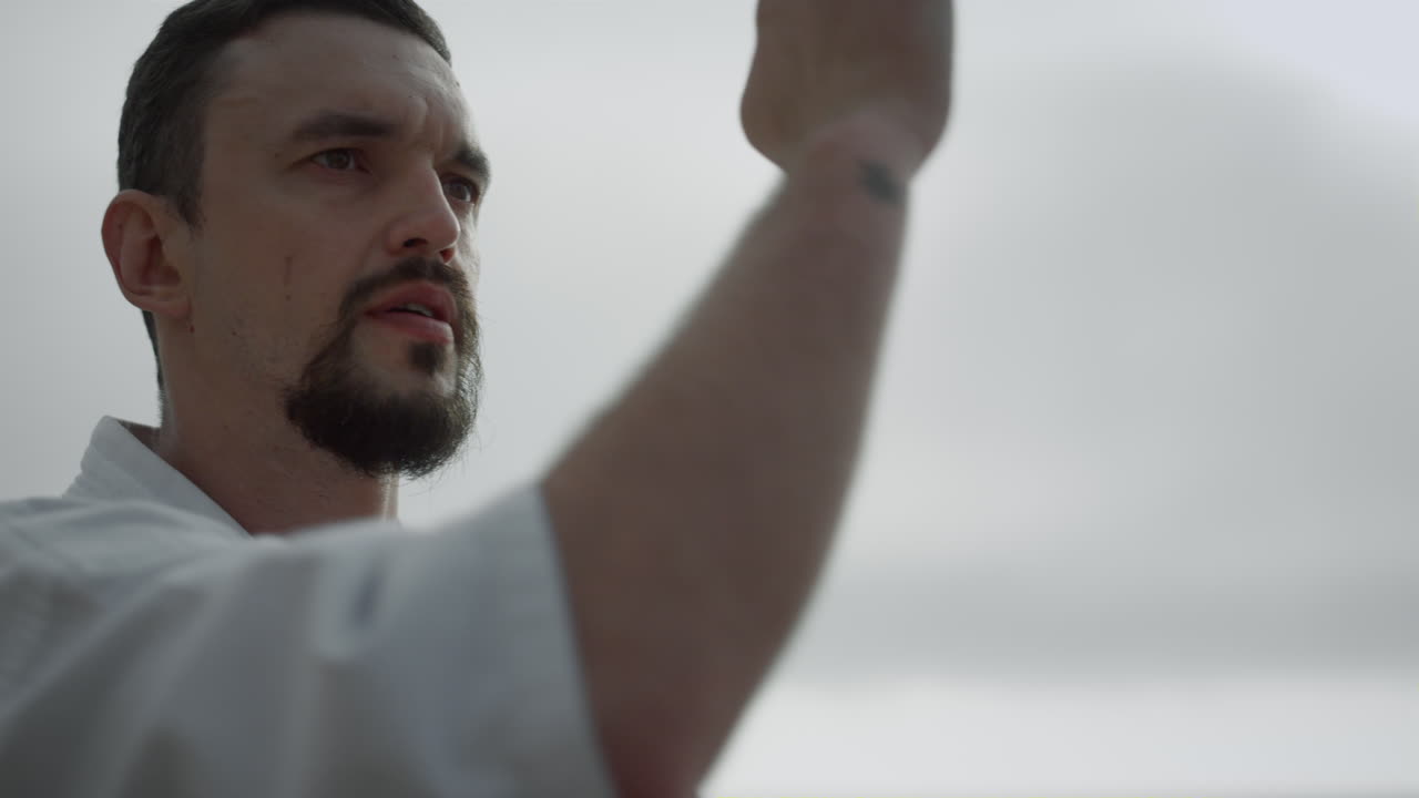 수염을 가진 남자가 무술을 가까이서 배우고 스포츠맨이 자연에서 운동하고 있습니다.