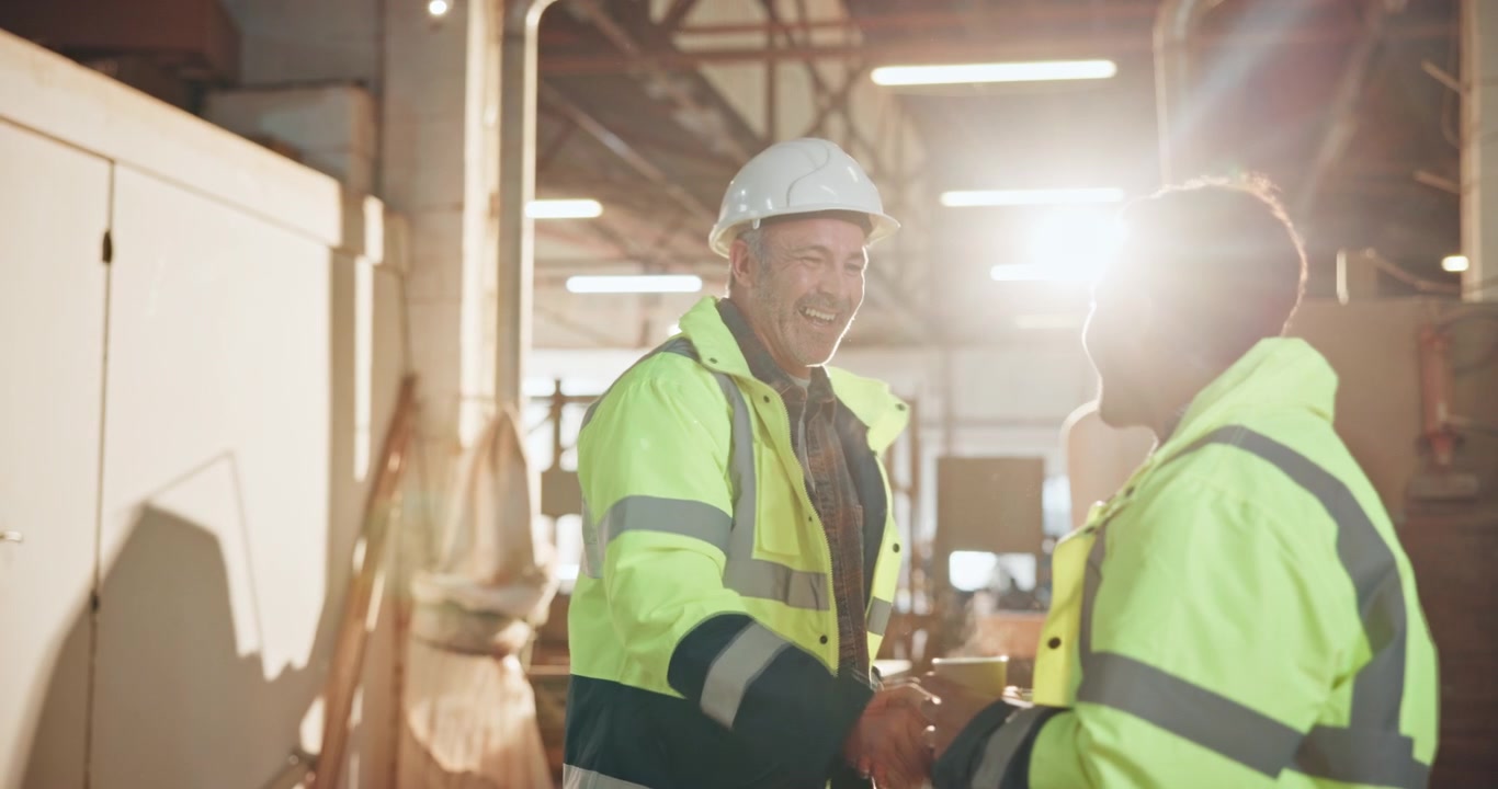 Two Construction Workers Shaking Hands and Laughing in a Warehouse