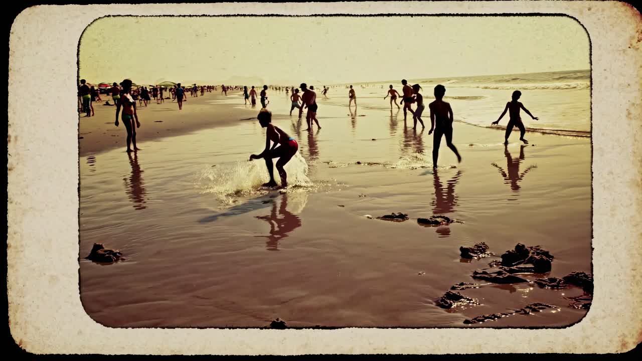 Video in vintage-stijl van spelende kinderen op een strand, vastgelegd vanuit een laag standpunt.