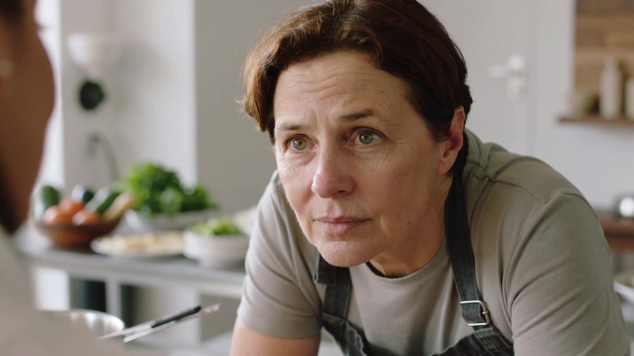 Leaning woman in dark apron replying to left person's question at kitchen counter with bowls