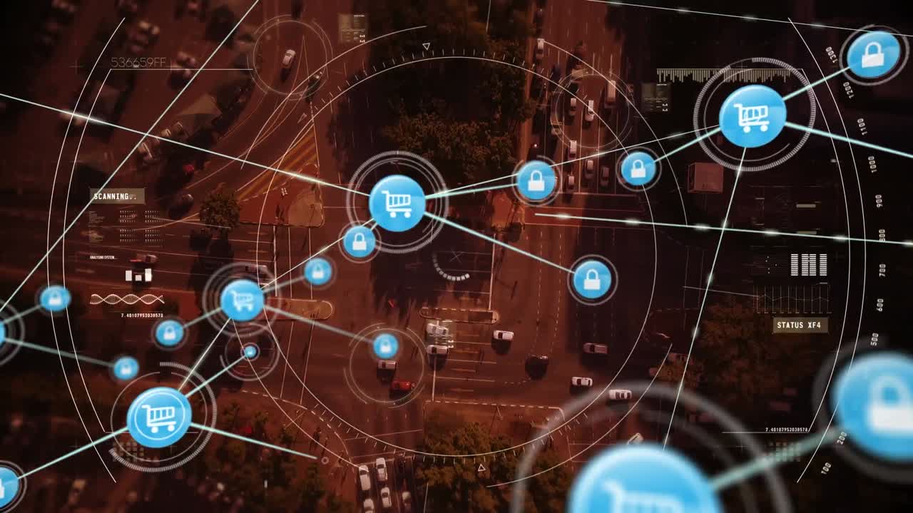 animación de la red de conexiones con iconos sobre el tráfico por carretera