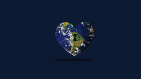 animation of heart with keyhole formed with world map on blue background