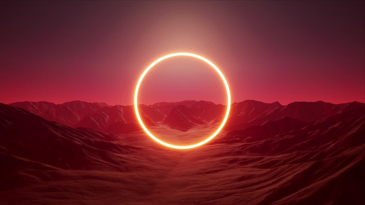 빛나는 원 로고 프레임 빨간 산 풍경