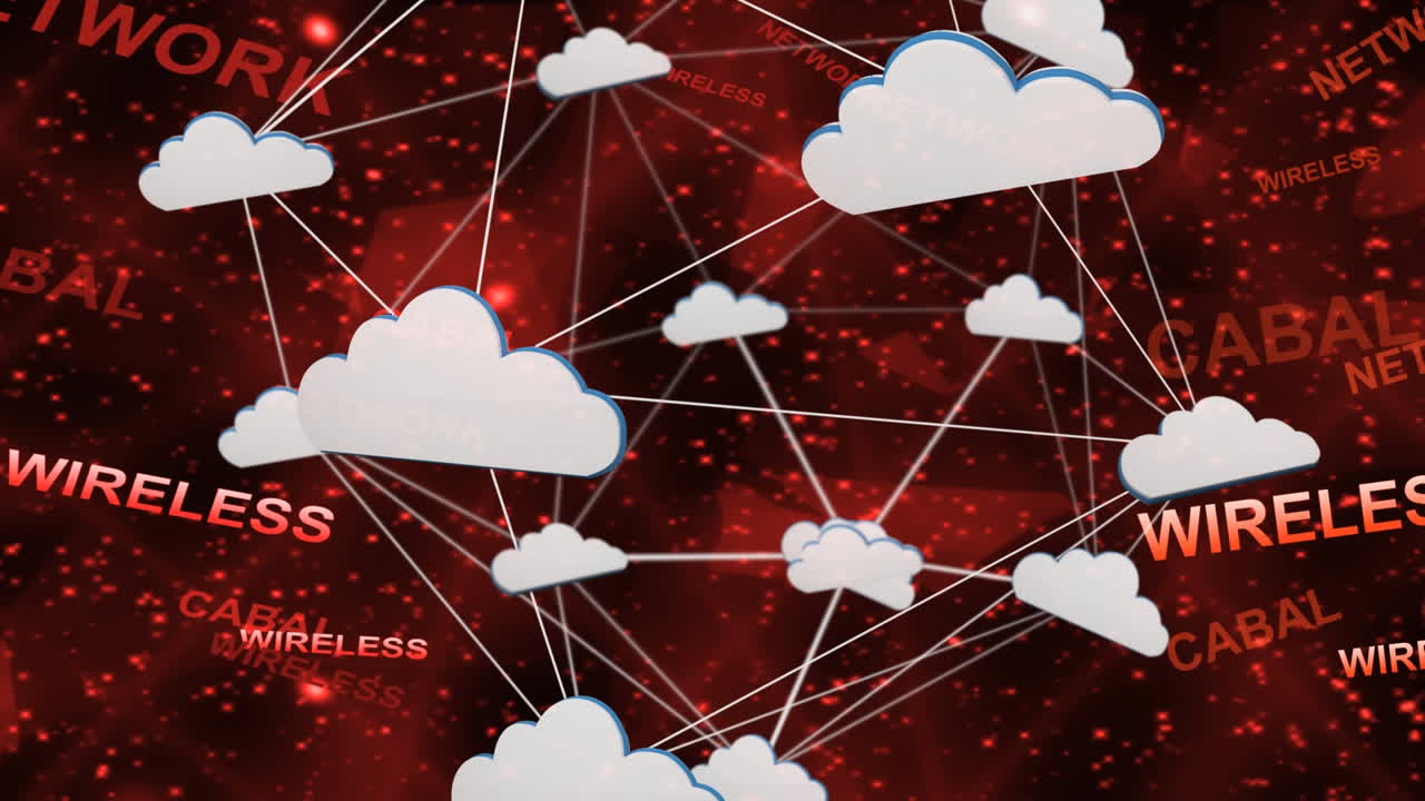 red de computación en la nube y conexiones inalámbricas sobre fondo digital rojo