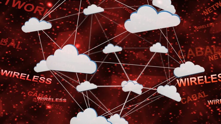 Cloud computing network and wireless connections over red digital background
