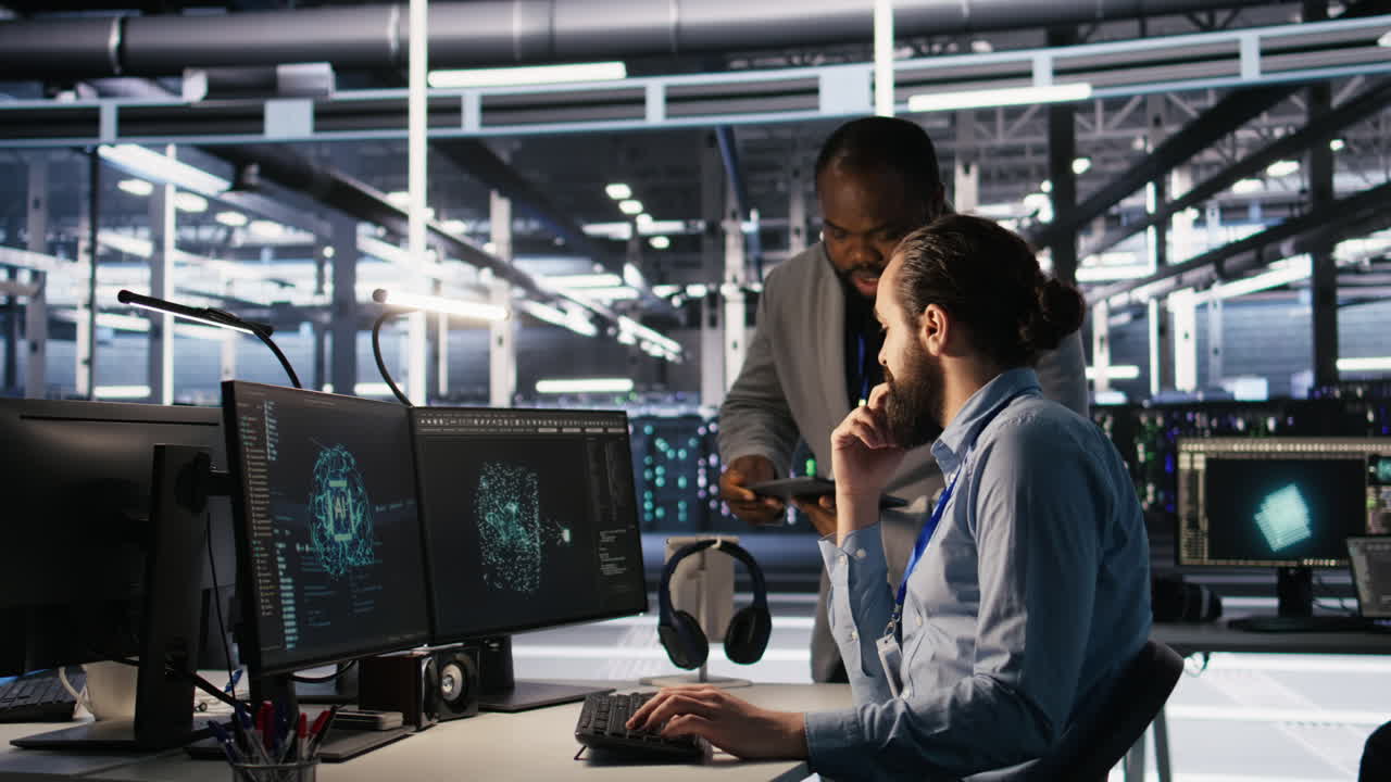 Vertical video Data center system administration team collaborating on AI automation