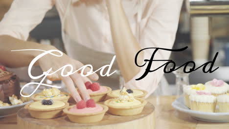 good food text animation over woman arranging pastries on wooden board