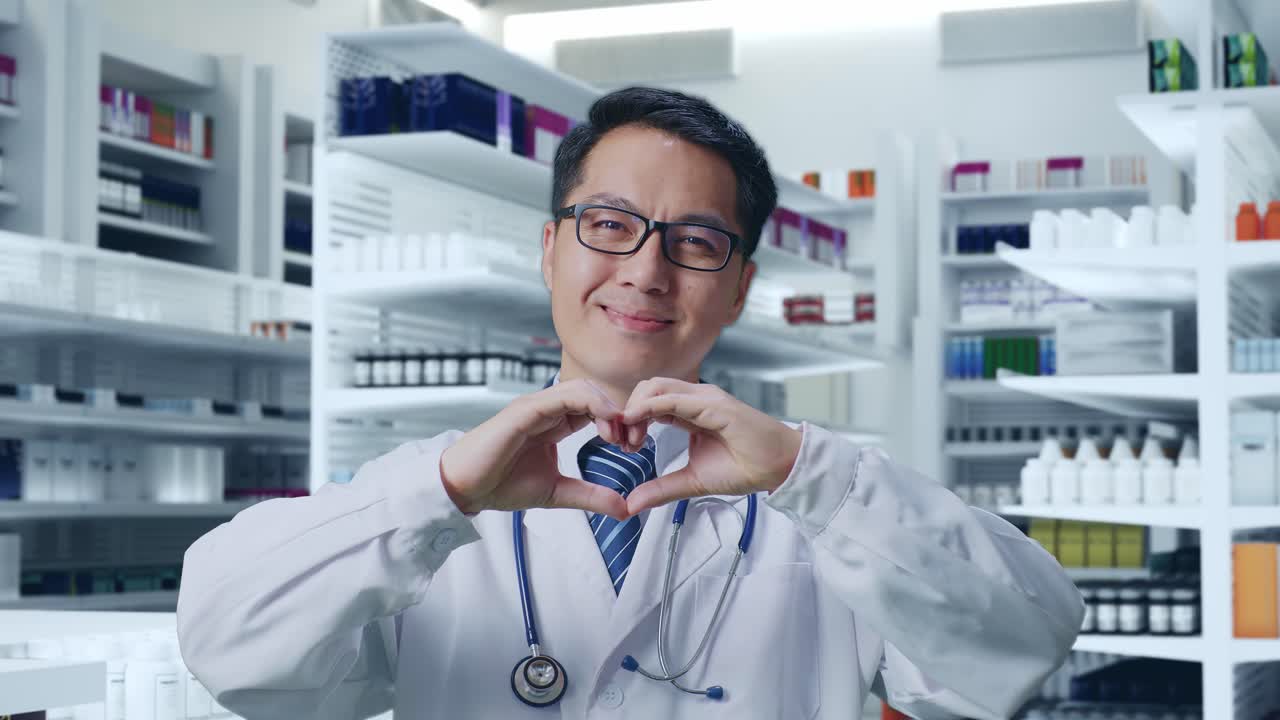 행복한 약사는 심장 몸짓을 보여줍니다.