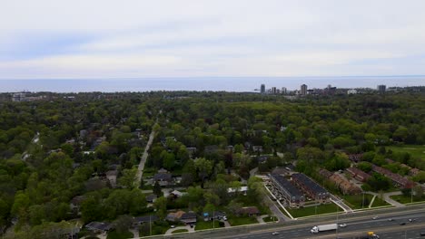 aerial view of a mississauga neighborhood overlooking lake ontario on an overcast day