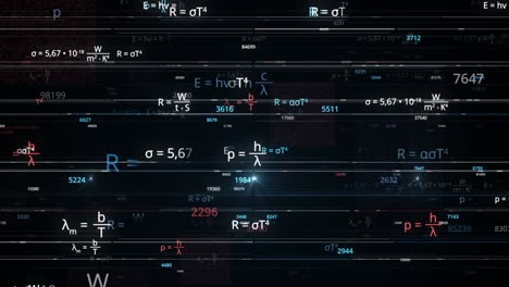 blocks of abstract mathematical formulas are written and moved in the virtual space. animation. the camera flies through the mathematical formulas on black background, seamless loop.