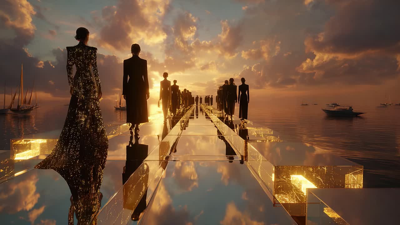 A fashion runway extending over the ocean at sunset