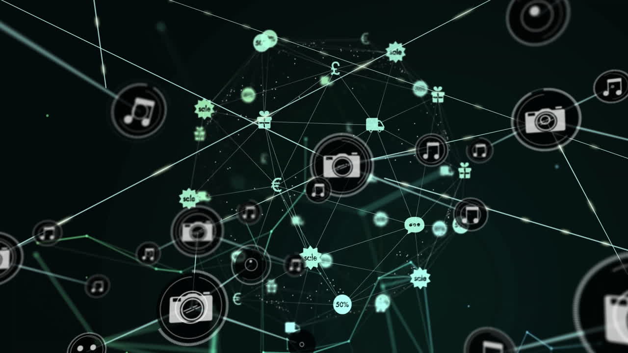 Animation of technology network with digital icons and connections in school