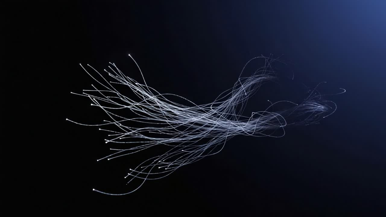Un'affascinante esposizione di scie di luce fluenti su uno sfondo scuro, che creano forme eteree e astratte che danzano nell'aria, evidenziando movimento dinamico e bellezza