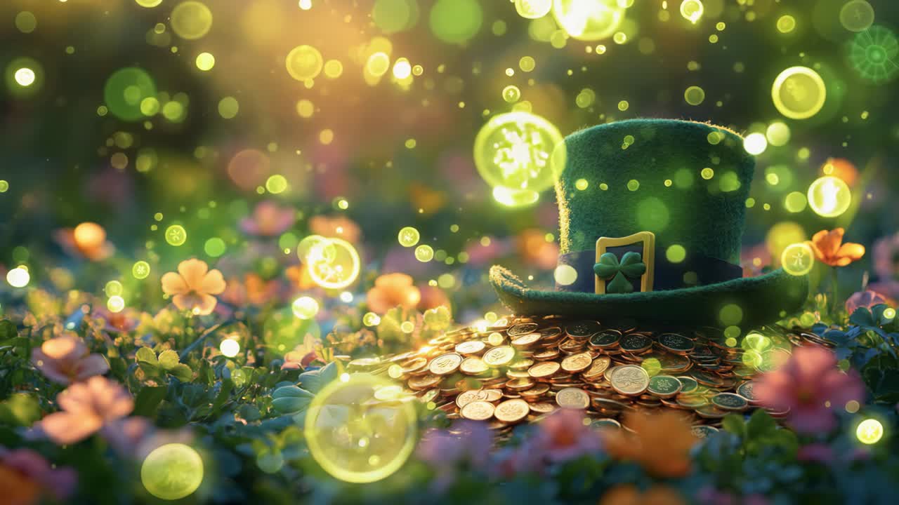 A green hat is sitting on a pile of gold coins in a field of flowers. The scene is whimsical and playful, evoking a sense of fun and lightheartedness