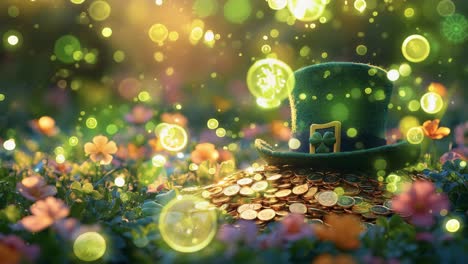 a green hat is sitting on a pile of gold coins in a field of flowers. the scene is whimsical and playful, evoking a sense of fun and lightheartedness