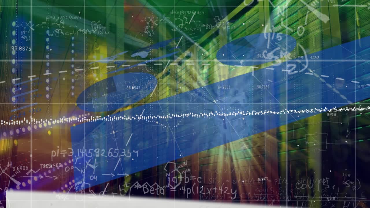 Animação de processamento de dados estatísticos e ponto de luz em uma sala de servidores de computador.