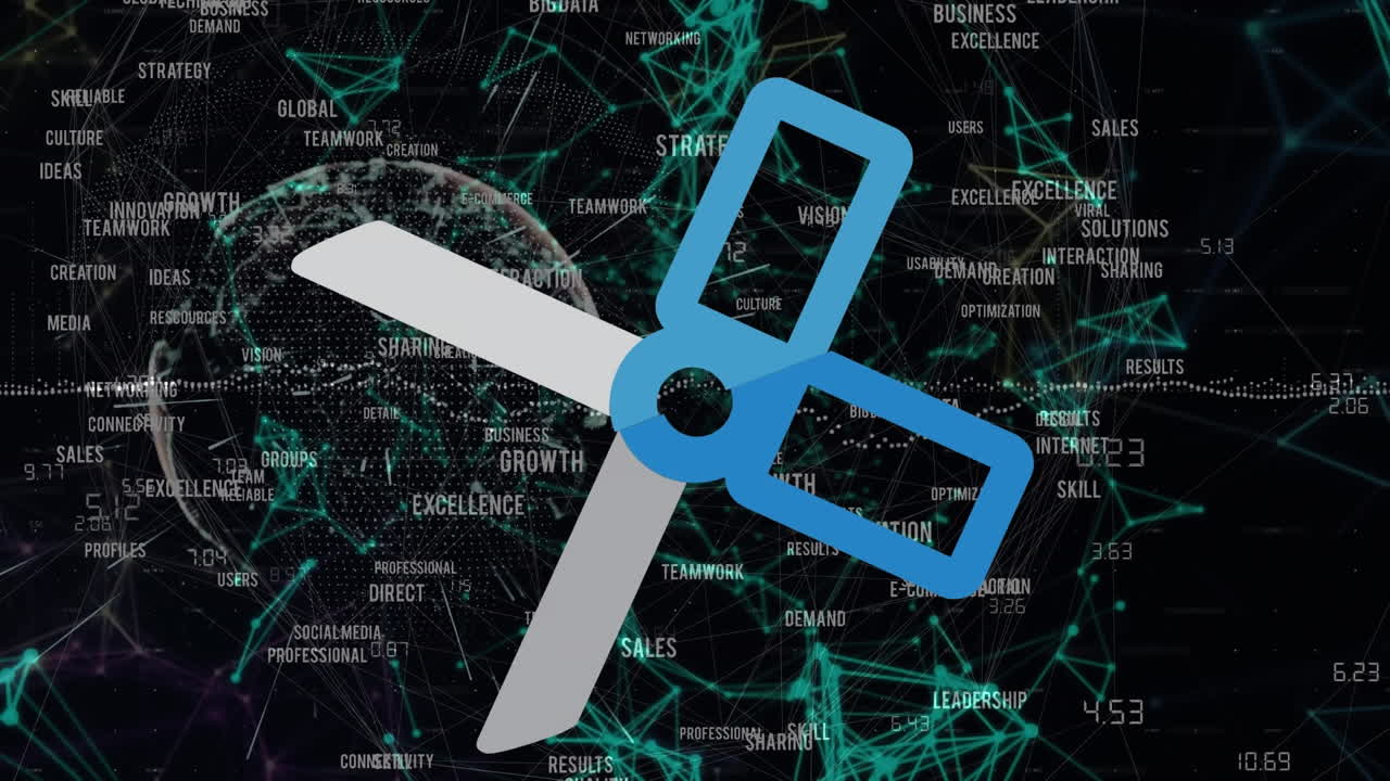 검은색 배경에 연결 네트워크와 함께 가위 아이콘과 데이터 처리의 애니메이션.