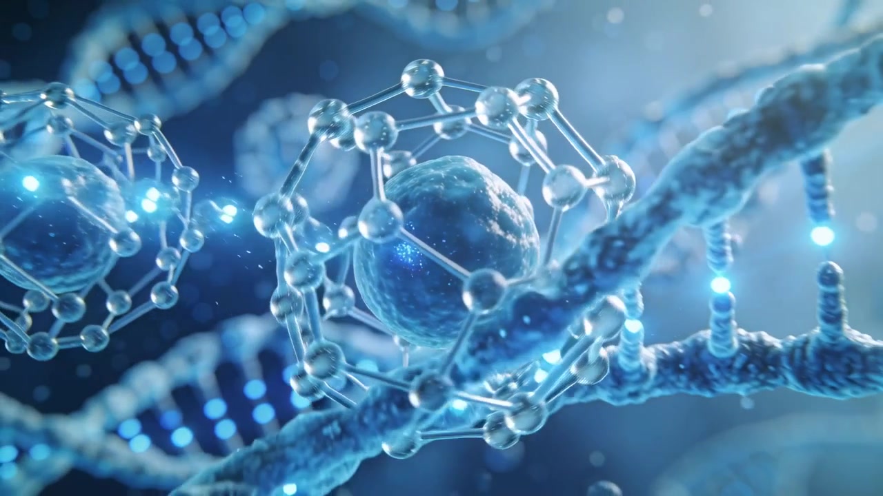 Camera pushing in, molecular cage rotating and approaching lab view near DNA helix, revealing core