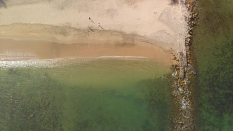 Aerial:-People-walking-on-the-beach