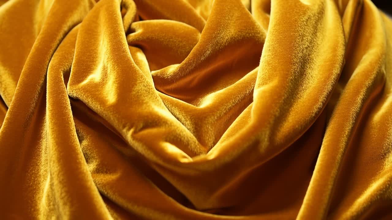 Tessuto di velluto dorato luccicante che mostra cambiamenti di lucentezza con la luce che cambia nella piega a V centrale dello studio