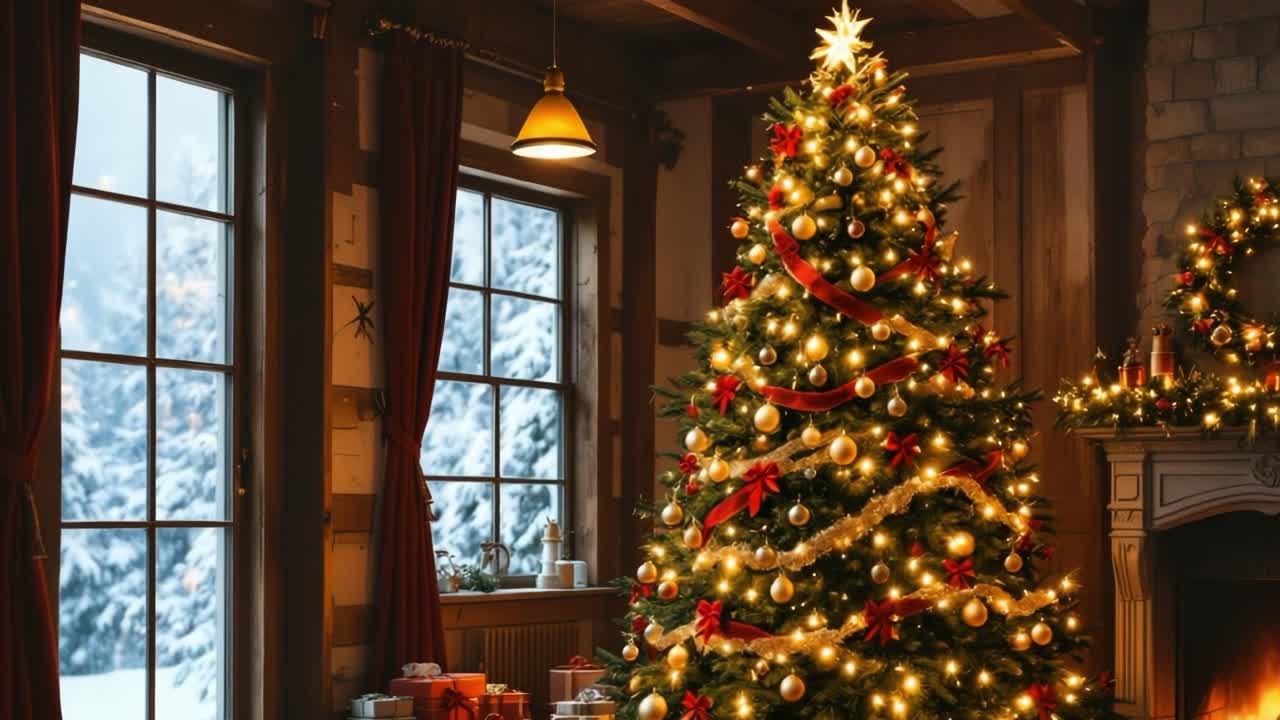 Cozy Christmas Scene with Decorated Tree and Snowy Window View