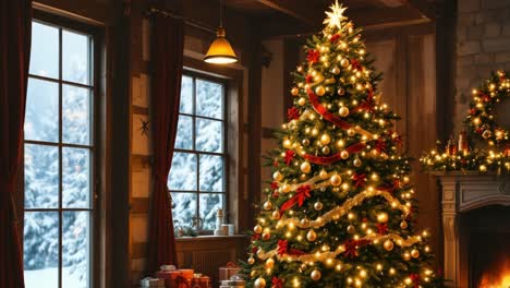 cozy christmas scene with decorated tree and snowy window view