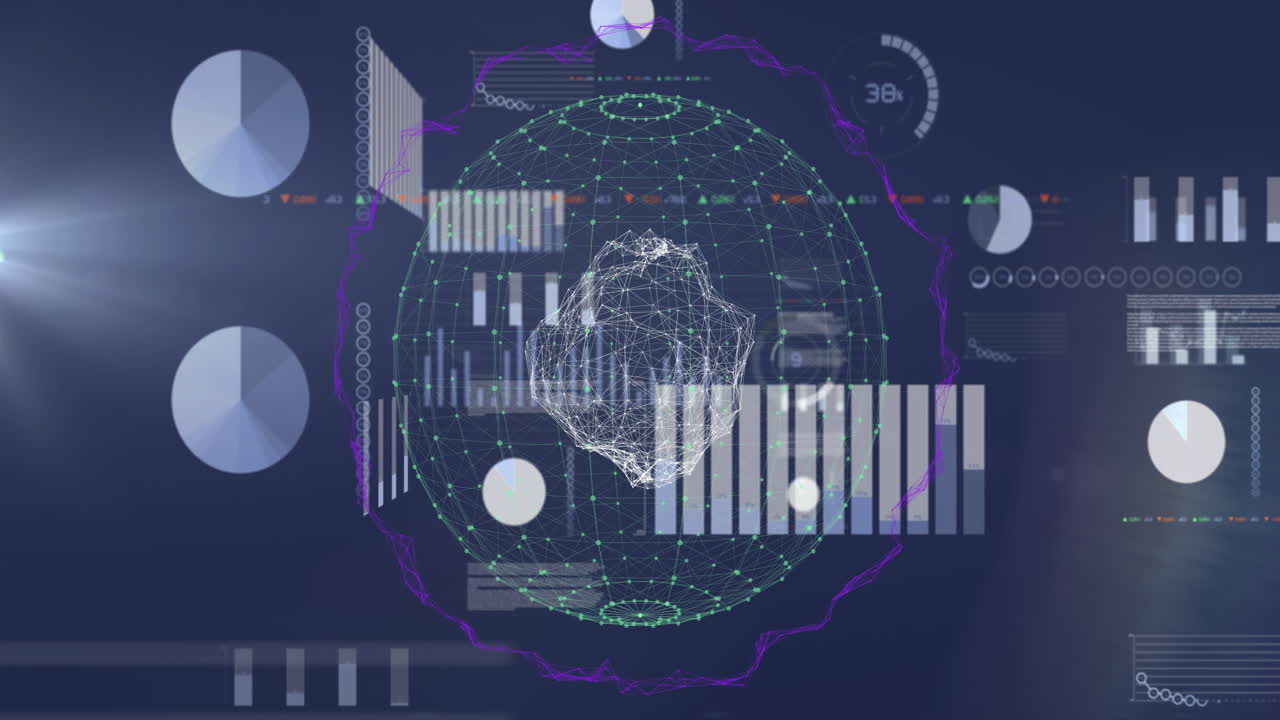 Translucent wireframe 3D sphere being visualized on data dashboard, showing charts and nodes